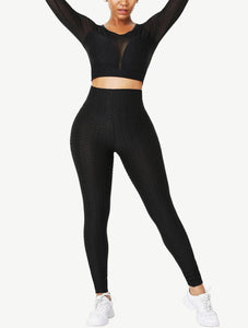 Contrast Mesh Long Sleeve 2-in-1 Cropped Yoga Set