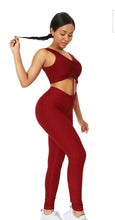 Load image into Gallery viewer, Red/Wine Sleeveless Drawstring Jacquard Yoga Set