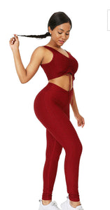 Red/Wine Sleeveless Drawstring Jacquard Yoga Set