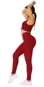 Red/Wine Sleeveless Drawstring Jacquard Yoga Set